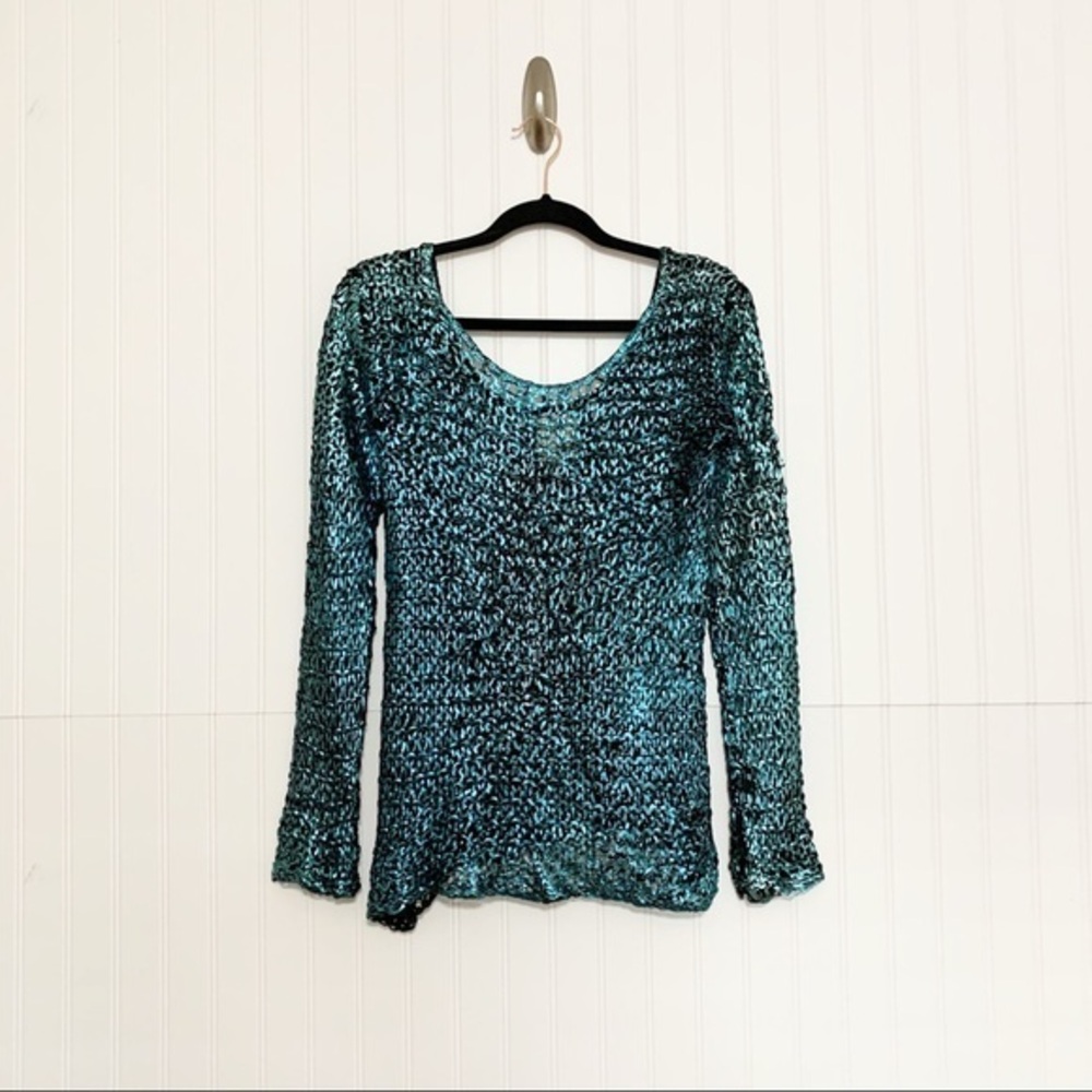 Chaser Metallic Blue Open Knit Sweater Top